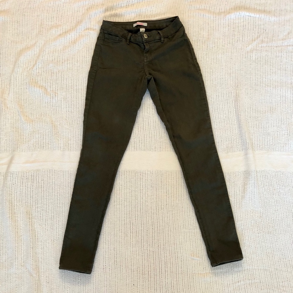 olive mid-rise skinny jeans (size 0)
